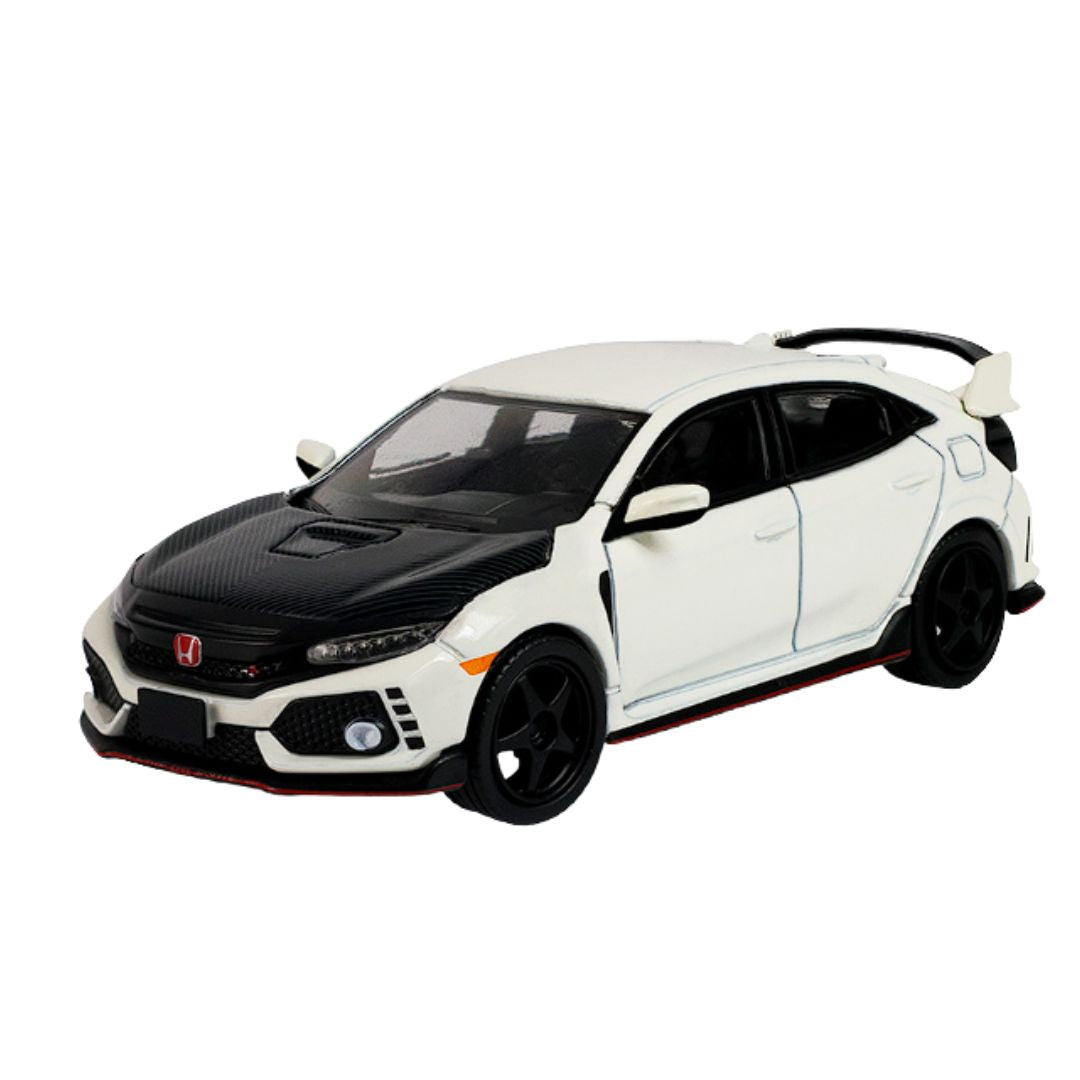Tokyo Torque Series 10 - 2018 Honda Civic Type-R (Fk8) With Custom Wheels And Carbon Hood - Championship White (New Tooling) 1:64 Scale Die-Cast Car By Green Light