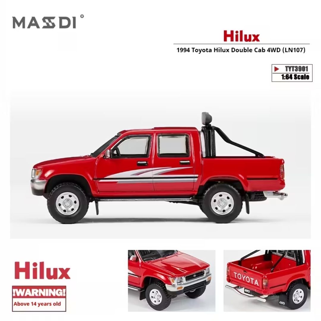 Toyota 1994 Hilux Ln107 Red 1:64 Die-cast car By Massadi -Massadi - India - www.superherotoystore.com