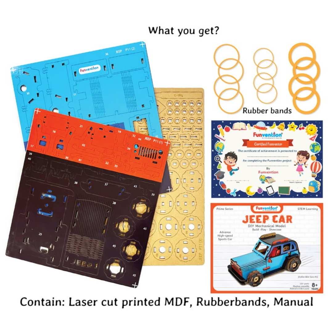 Jeep Car (Blue) DIY Mechanical Model -Funvention - India - www.superherotoystore.com