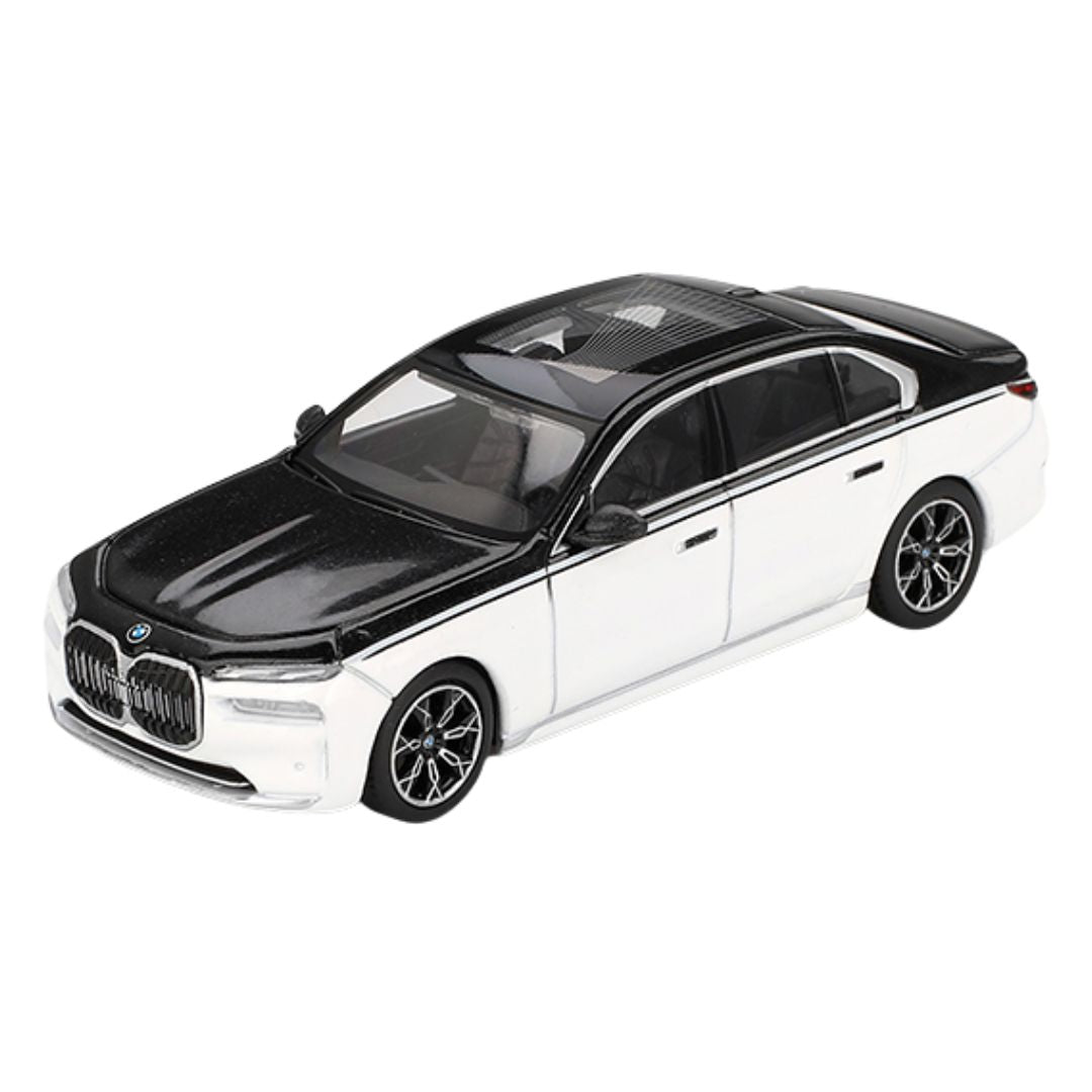 BMW i7 xDrive60 Alpine White / Black Sapphire 1:64 Scale Die-Cast Car By Mini GT