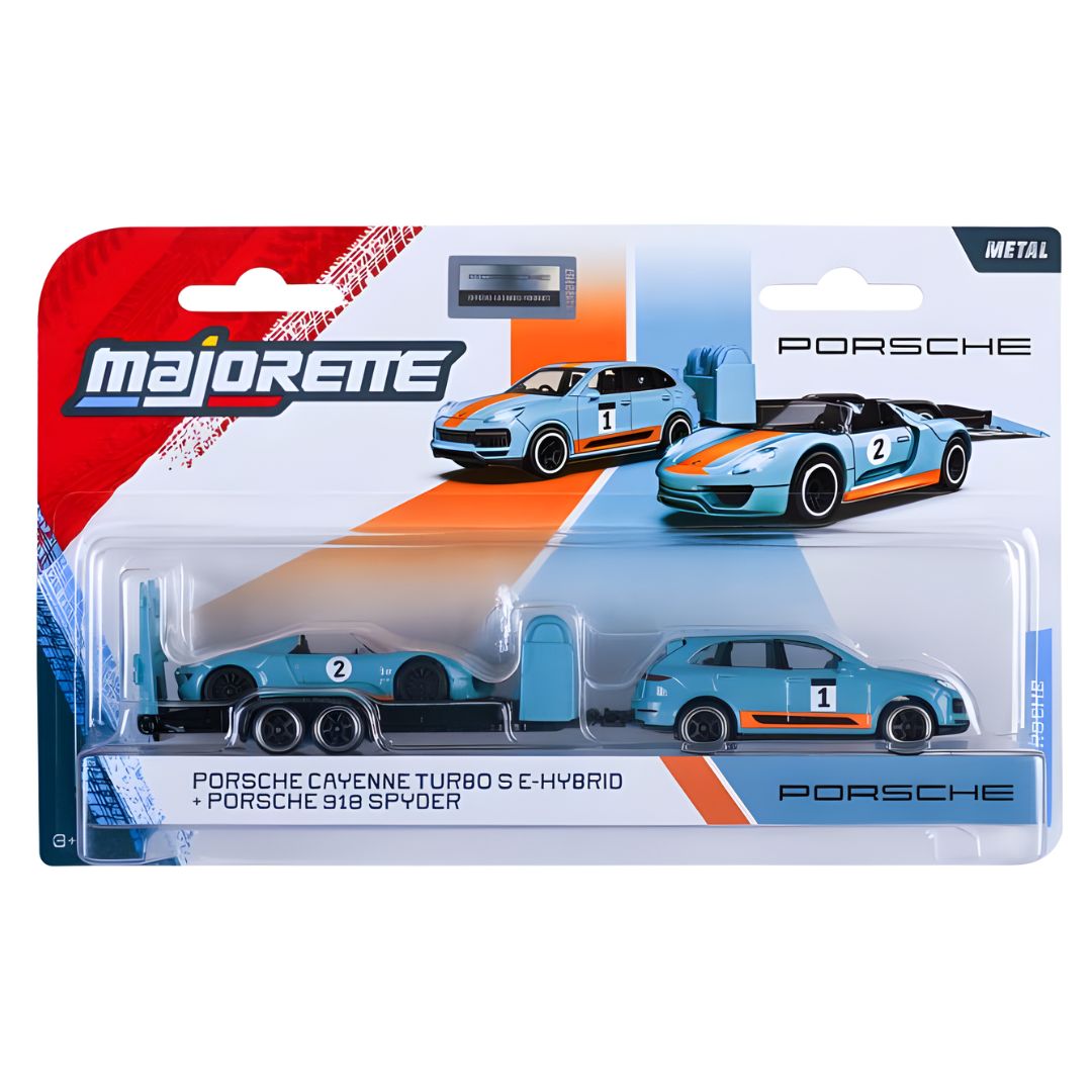 Porsche Cayenne Turbo S E-Hybrid + Porsche 918 Spyder 1:64 Scale Die-Cast Trailer Set By Majorette -Majorette - India - www.superherotoystore.com