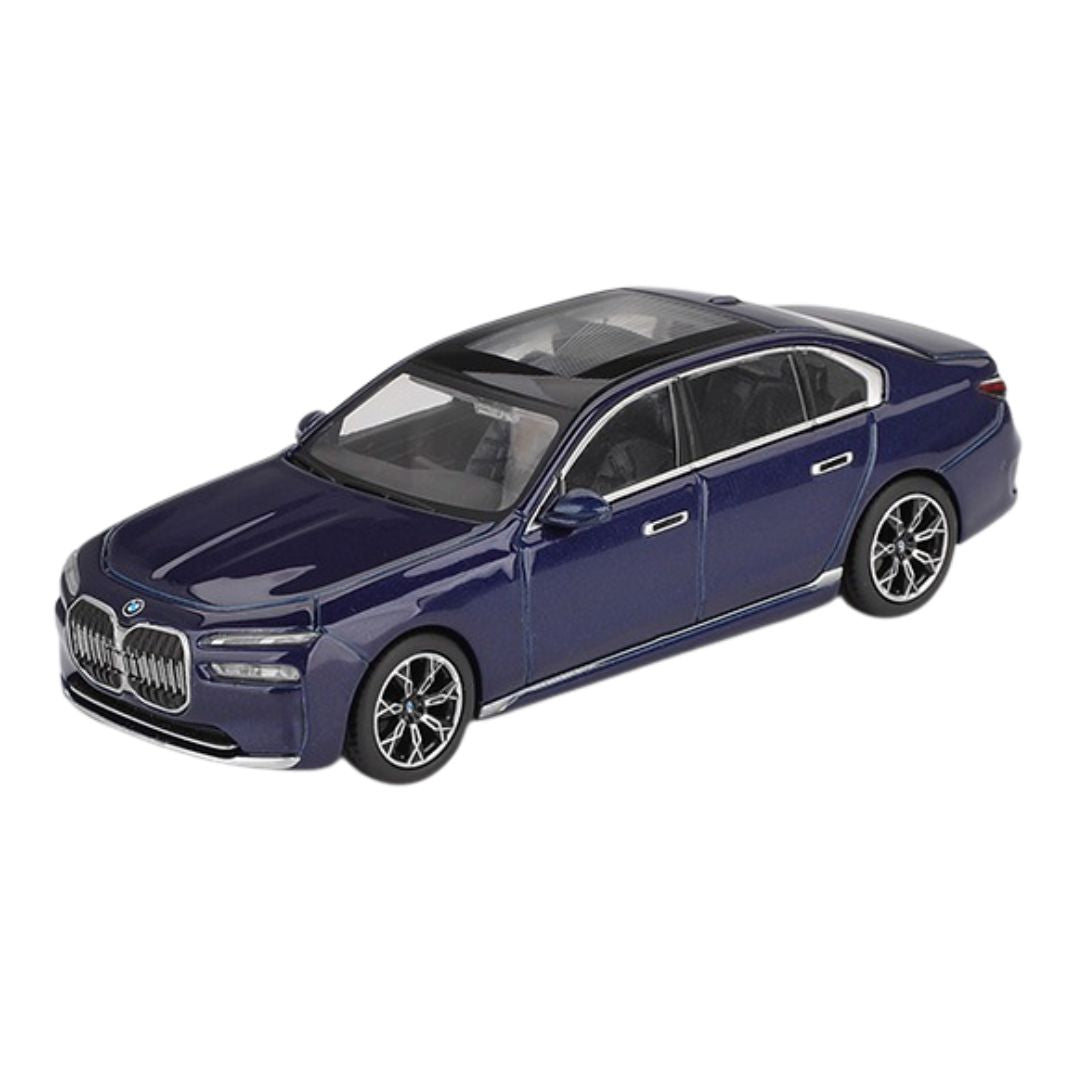 Tanzanite Blue Metallic BMW i7 xDrive60 1:64 Scale Die-Cast Car By Mini GT