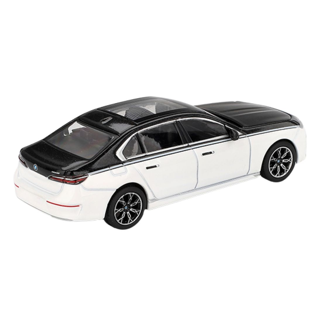 BMW i7 xDrive60 Alpine White / Black Sapphire 1:64 Scale Die-Cast Car By Mini GT