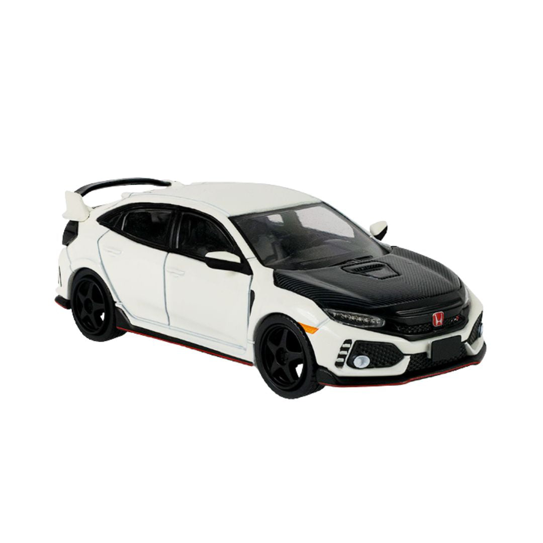 Tokyo Torque Series 10 - 2018 Honda Civic Type-R (Fk8) With Custom Wheels And Carbon Hood - Championship White (New Tooling) 1:64 Scale Die-Cast Car By Green Light
