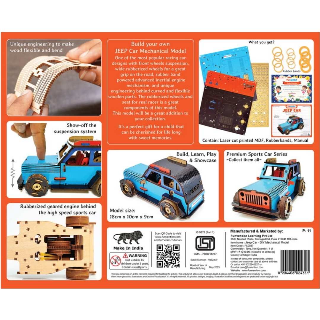 Jeep Car (Blue) DIY Mechanical Model -Funvention - India - www.superherotoystore.com