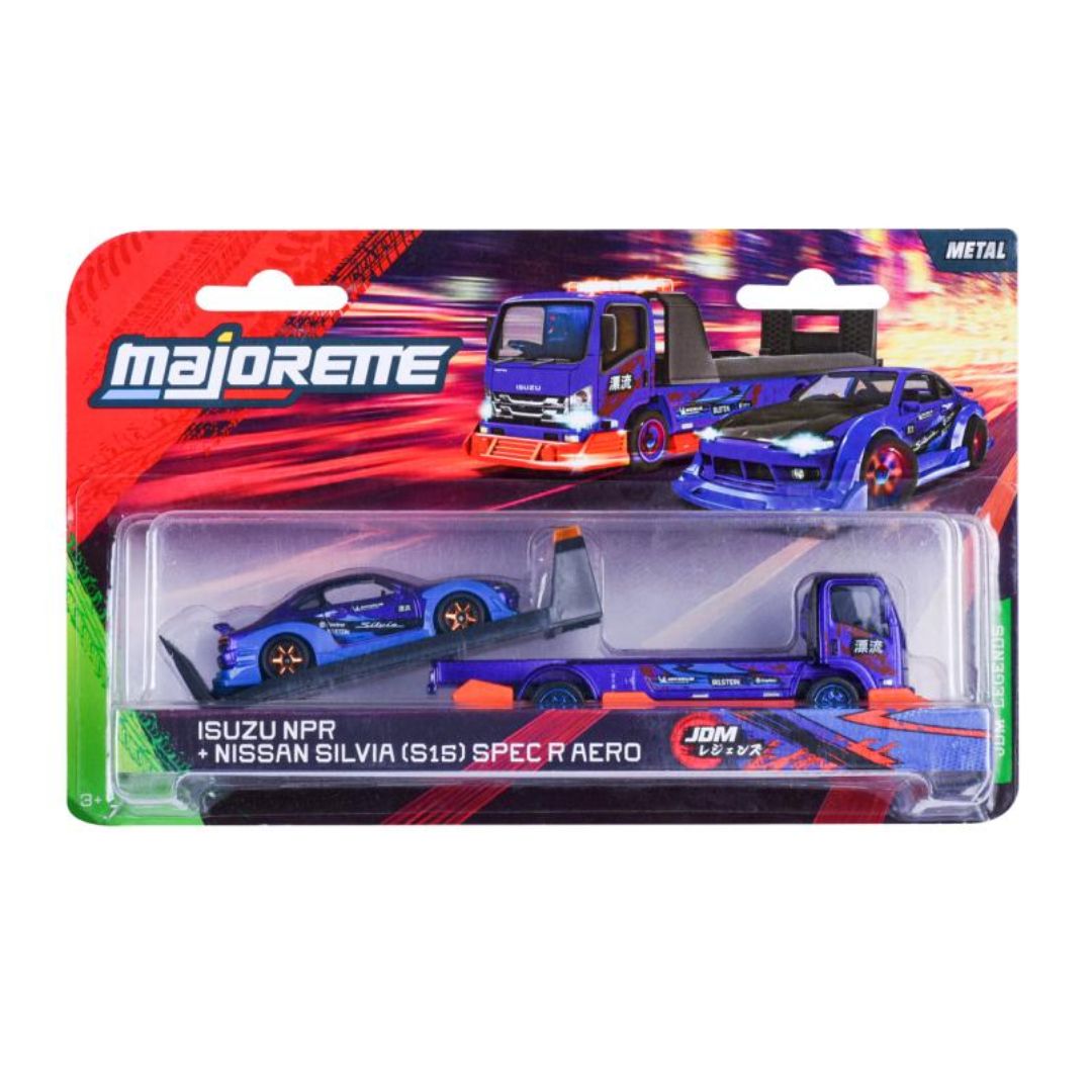 JDM Legends Tuning Transporter Isuzu NPR &amp; Nissan Silvia (S15) 1:64 Scale Die-Cast Car Set By Majorette