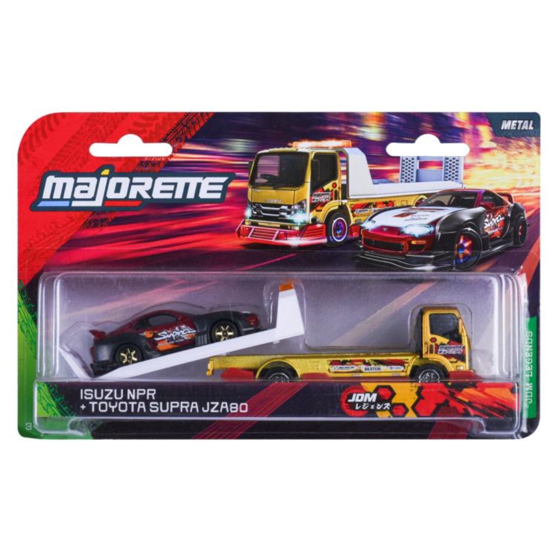 JDM Legends Tuning Transporter Isuzu NPR & Toyota Supra JZA80 1:64 Scale Die-Cast Car Set By Majorette