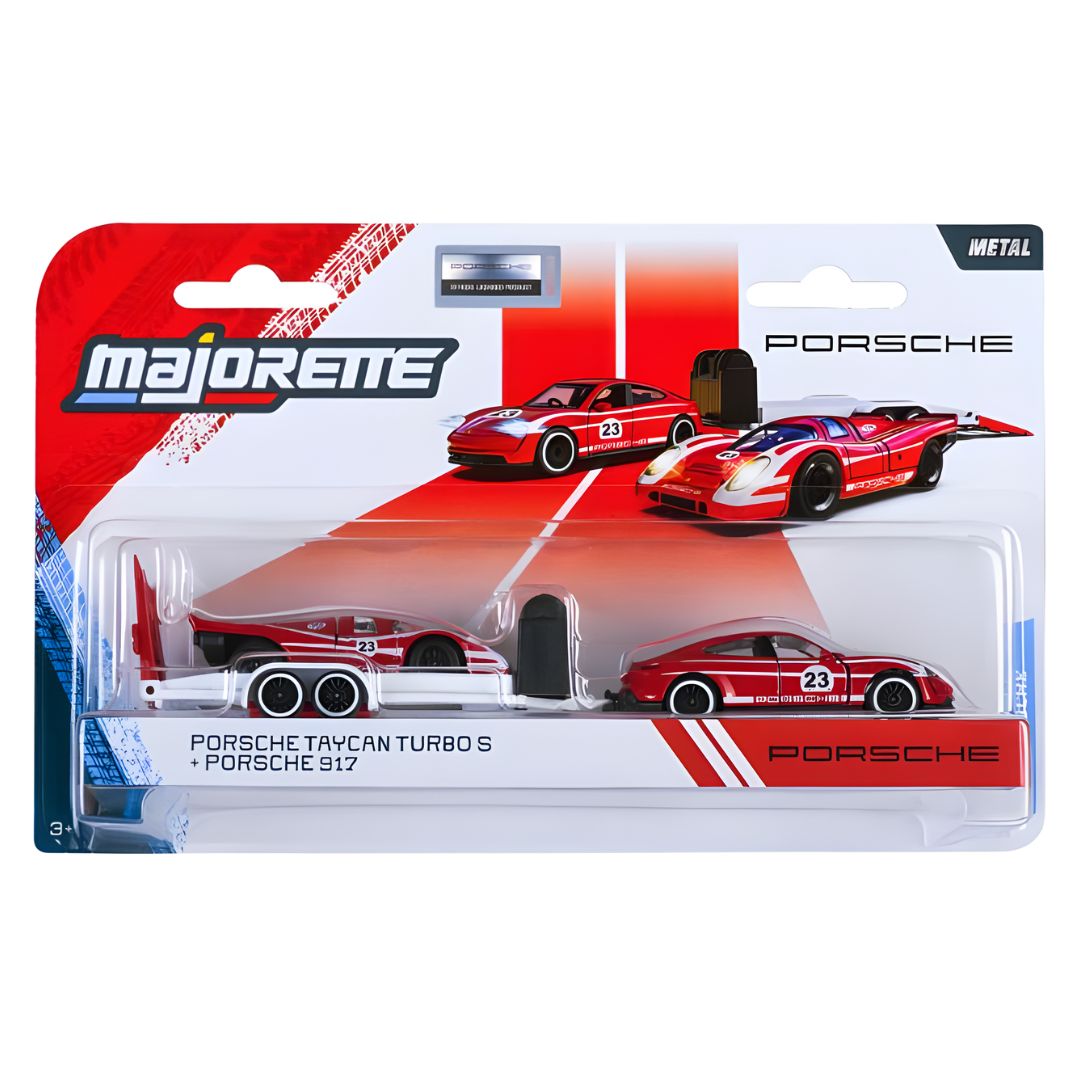 PORSCHE TAYCAN TURBO S + Porsche 917 1:64 Scale Die-Cast Trailer Set By Majorette -Majorette - India - www.superherotoystore.com