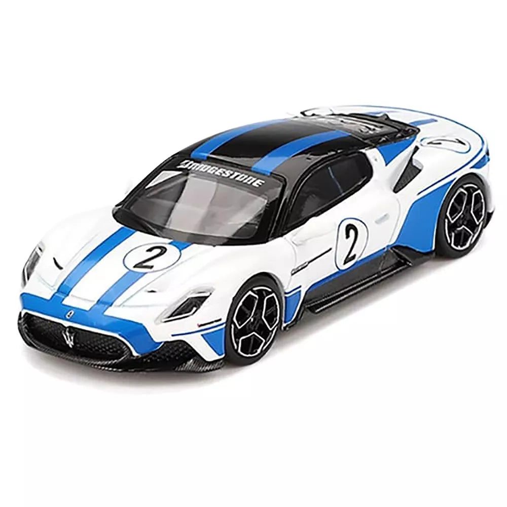 White with Blue Stripes Maserati MC20 #2 &quot;Maserati Performance Experience&quot; 1:64 Scale Die-Cast Car By BBR Models