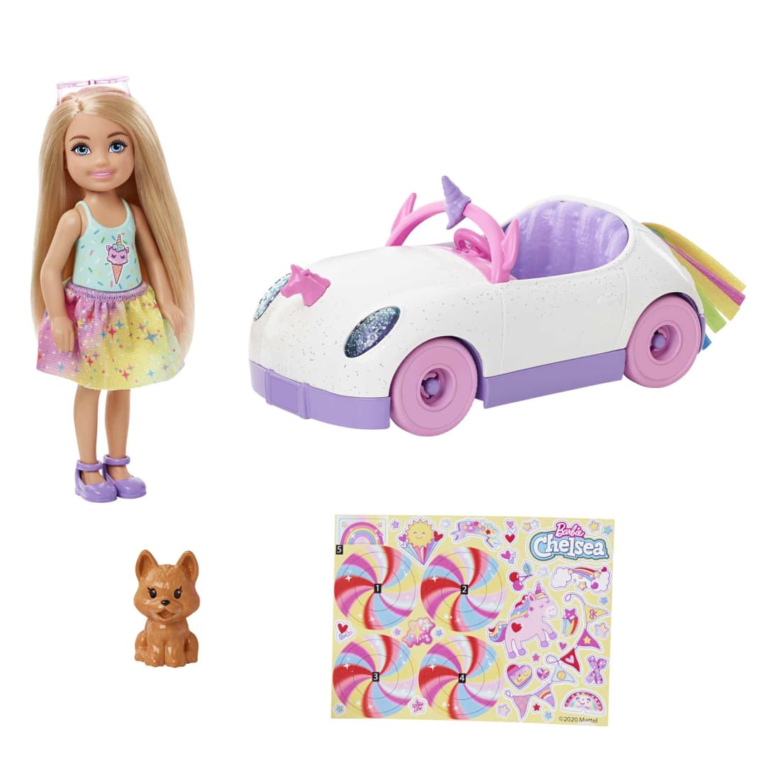 Barbie Club Chelsea Doll (6-Inch) With Open-Top Rainbow Unicorn-Themed Car & Pet Puppy by Mattel -Mattel - India - www.superherotoystore.com
