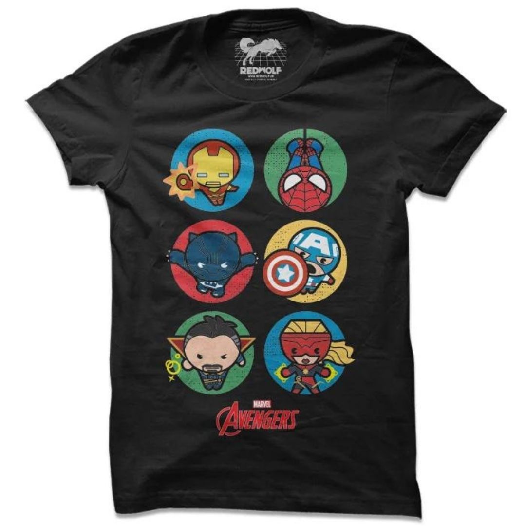 Avengers Lineup Chibi-Style T-Shirt -Redwolf - India - www.superherotoystore.com