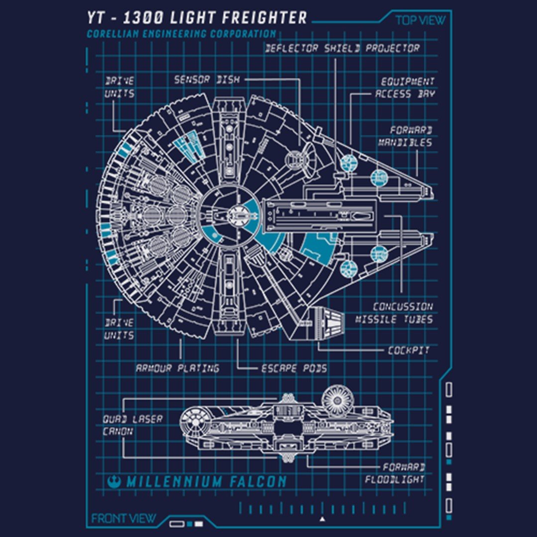 Star Wars Millennium Falcon Blueprint T-Shirt. -Redwolf - India - www.superherotoystore.com